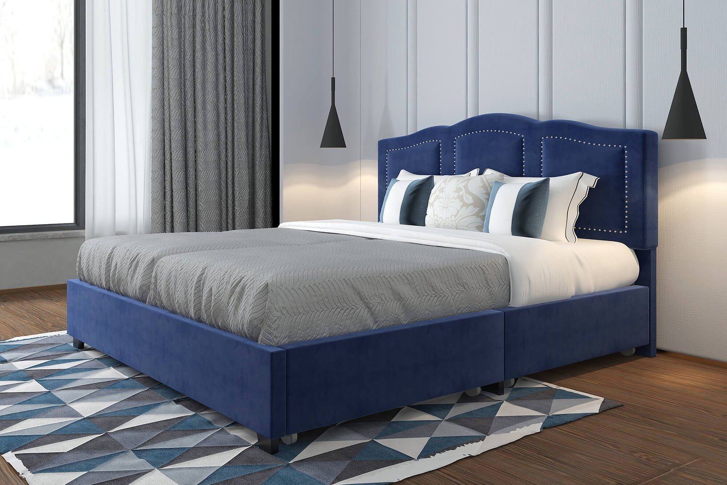 DIANA 78” Blue King Storage Bed | Velvet Upholstered Platform Bed with Drawers