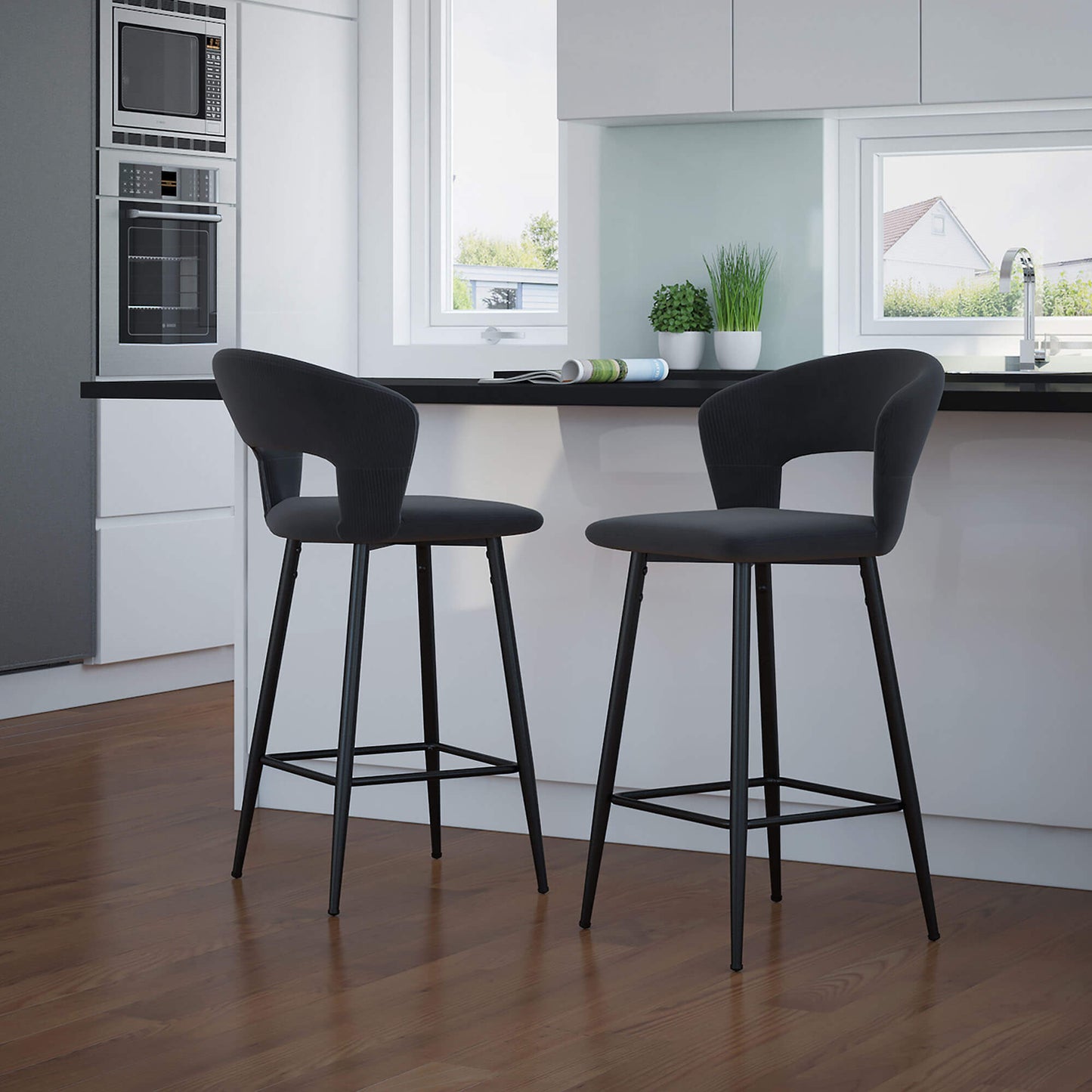CAMILLE 26” Counter Stools Charcoal (Set of 2) | Velvet Corduroy Modern Bar Chairs