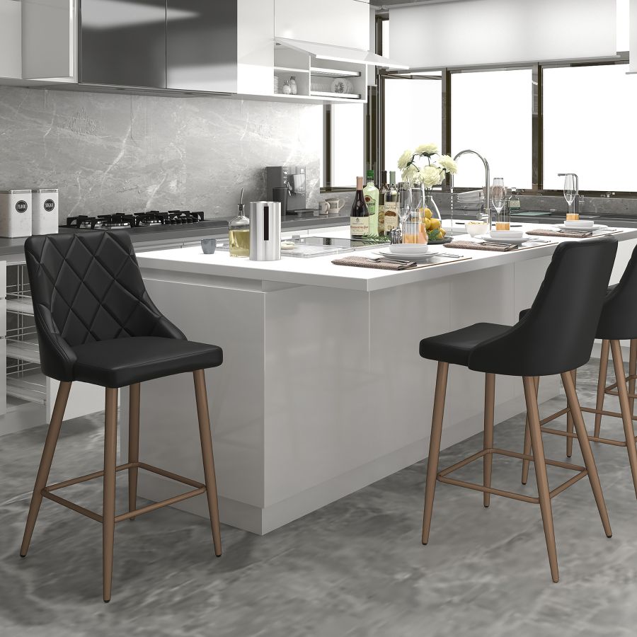 Antoine 26” Counter Stools Black (Set of 2) | Faux Leather Bar Chairs with Gold Accent