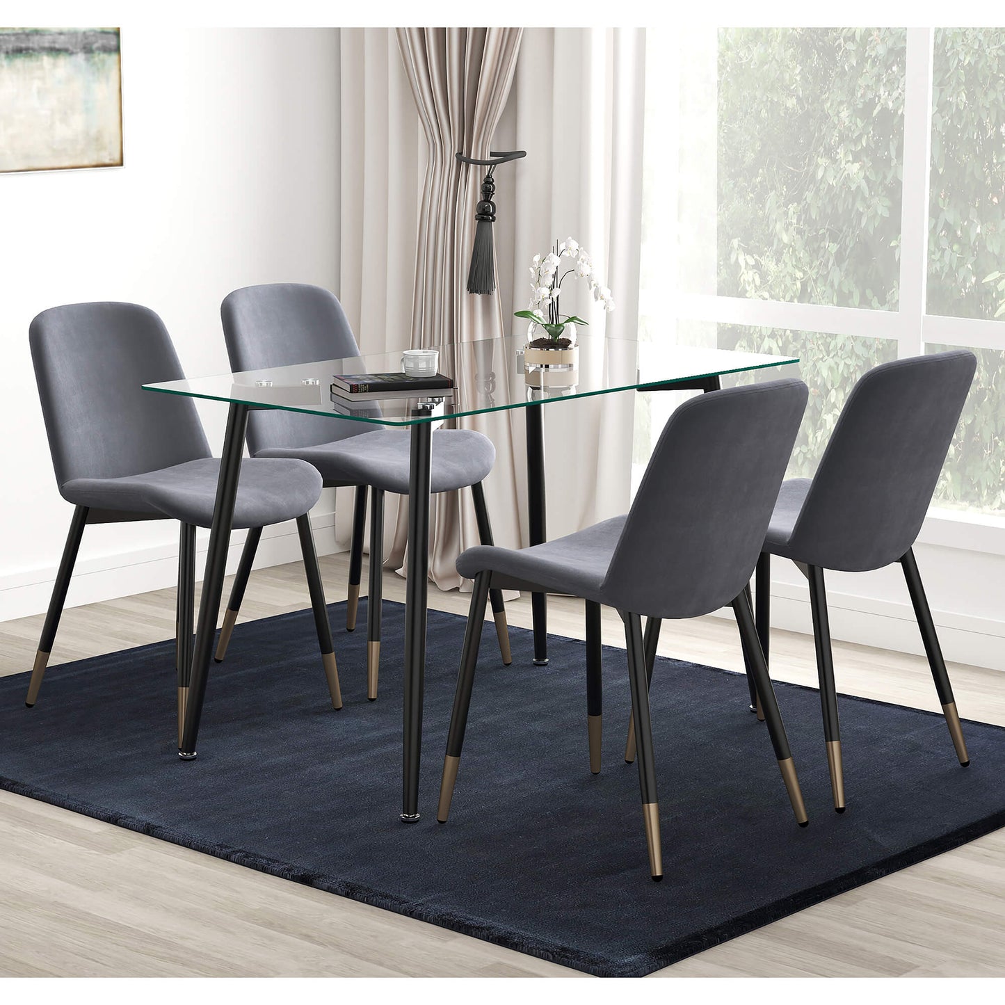 ABBOT 5PC Dining Set Black Glass Table with Grey Velvet Chairs | Modern Dining Set