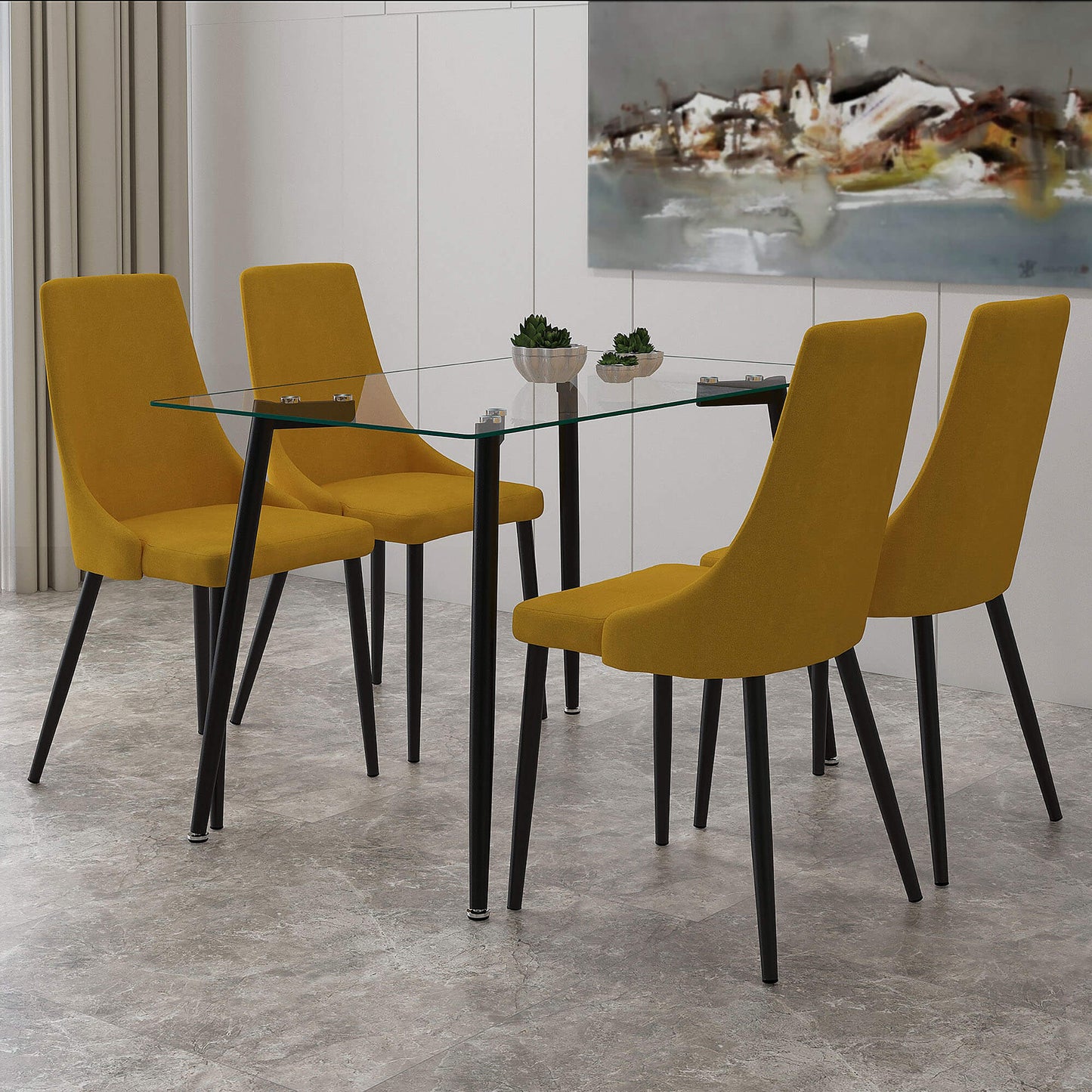 ABBOT 5PC Dining Set | Glass Table with 4 Chairs Modern Black Dining Set