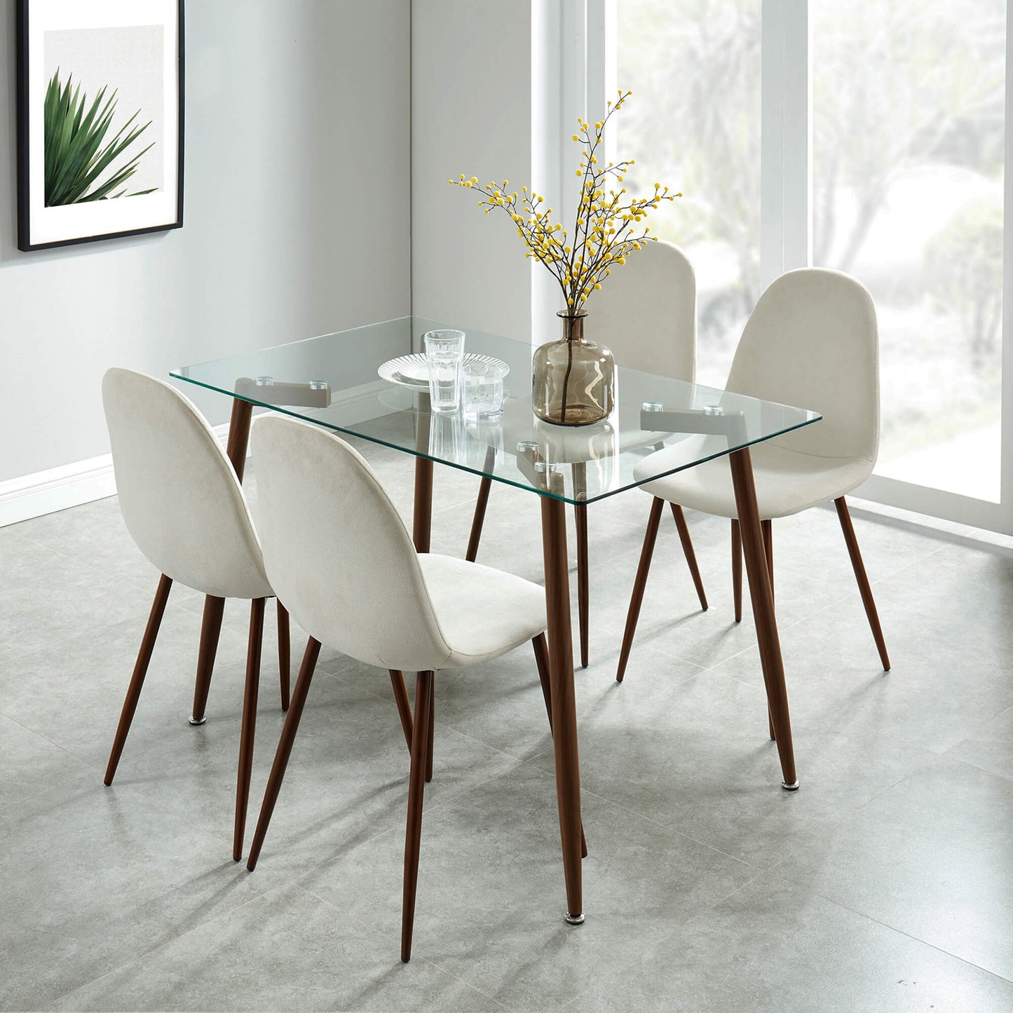 ABBOT LYNA 5PC Dining Set | Glass Table + Beige Velvet Chairs
