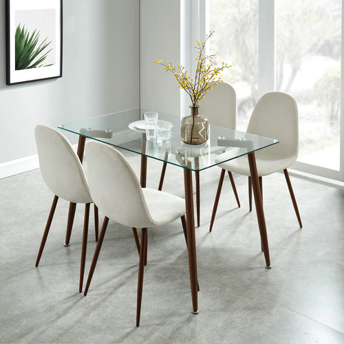 ABBOT LYNA 5PC Dining Set | Glass Table + Beige Velvet Chairs